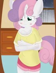 Size: 1024x1326 | Tagged: safe, artist:skyflys, derpibooru import, sweetie belle, anthro, unicorn, blushing, cheek fluff, clothes, cute, female, fluffy, older, older sweetie belle, pajamas, sad, self-conscious, solo, teenager