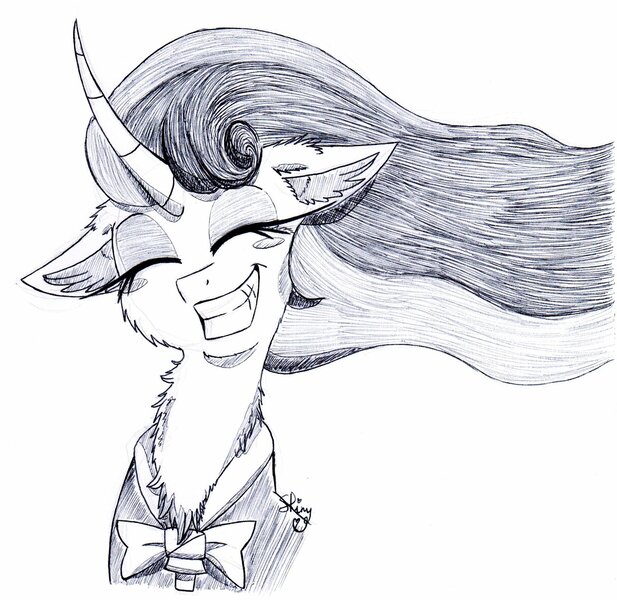 Size: 2048x1990 | Tagged: safe, artist:shinycyan, derpibooru import, mistmane, unicorn, blushing, flowing mane, smiling, smiling at you, solo, traditional art