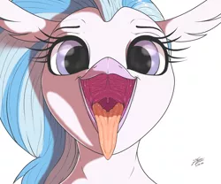 Size: 4000x3334 | Tagged: suggestive, artist:azerta56, derpibooru import, silverstream, classical hippogriff, hippogriff, beak, esophagus, female, gullet, looking at you, maw, mawshot, open beak, open mouth, oral invitation, salivating, simple background, slimy, solo, solo female, taste buds, tongue out, uvula, white background