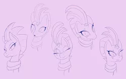 Size: 1300x817 | Tagged: safe, artist:fuzon-s, derpibooru import, fizzlepop berrytwist, tempest shadow, pony, unicorn, broken horn, clothes, cute, expressions, eyes closed, female, horn, looking up, mare, scarf, simple background, skeptical, sketch, smiling, solo, surprised, tempestbetes