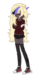 Size: 2472x4952 | Tagged: safe, artist:alphajunko, derpibooru import, oc, oc:black decay, unofficial characters only, demon, undead, zombie, equestria girls, black sclera, bone, clothes, colored sclera, converse, equestria girls-ified, female, hoodie, horns, miniskirt, pleated skirt, shoes, simple background, skeleton, skirt, socks, solo, stockings, thigh highs, torn clothes, transparent background