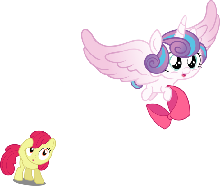 Size: 1733x1468 | Tagged: safe, artist:djdavid98 edits, artist:dragonm97hd, artist:estories, derpibooru import, edit, edited edit, editor:slayerbvc, vector edit, apple bloom, princess flurry heart, alicorn, earth pony, pony, accessory theft, accessory-less edit, apple bloom's bow, baby, baby pony, bow, diaperless edit, female, filly, flying, foal, hair bow, missing accessory, simple background, surprised, transparent background, vector