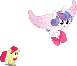 Size: 1733x1468 | Tagged: safe, artist:djdavid98 edits, artist:dragonm97hd, artist:estories, derpibooru import, edit, edited edit, editor:slayerbvc, vector edit, apple bloom, princess flurry heart, alicorn, earth pony, pony, accessory theft, accessory-less edit, apple bloom's bow, baby, baby pony, bow, diaperless edit, female, filly, flying, foal, hair bow, missing accessory, simple background, surprised, transparent background, vector