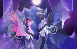 Size: 3172x2000 | Tagged: safe, artist:bunnari, derpibooru import, nightmare moon, twilight sparkle, twilight sparkle (alicorn), alicorn, pony, alternate universe, clothes, colored wings, crown, dress, duo, eyeshadow, female, full moon, high res, jewelry, lesbian, lidded eyes, looking at each other, makeup, moon, night, night sky, profile, regalia, shipping, sky, slit eyes, spread wings, starry night, twimoon, wedding dress, wings