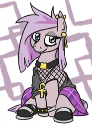 Size: 553x748 | Tagged: safe, artist:jargon scott, derpibooru import, oc, oc:nada phase, unofficial characters only, earth pony, pony, boots, clothes, cute, ear piercing, female, fishnets, goth, jewelry, mare, necklace, piercing, plaid, plaid skirt, shoes, sitting, skirt