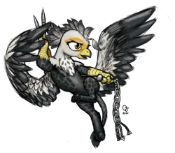 Size: 1600x1400 | Tagged: safe, artist:trefoiler, derpibooru import, oc, oc:grey gnot, unofficial characters only, gryphon, armpits, chest fluff, flail, flying, javelin, lash, leonine tail, male, simple background, solo, spread wings, transparent background, two toned wings, weapon, wings