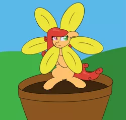 Size: 2475x2354 | Tagged: adorable distress, artist:eyeburn, crossed hooves, cute, derpibooru import, flower, grumpy, heterochromia, oc, oc:soft melody, plant pot, safe, solo, unofficial characters only