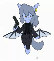 Size: 1802x2048 | Tagged: safe, artist:omegapony16, derpibooru import, oc, oc:oriponi, unofficial characters only, bat pony, pony, bat pony oc, bat wings, belt, clothes, ear piercing, earring, female, flying, gun, hoof hold, jewelry, mare, necktie, piercing, signature, simple background, solo, spread wings, suit, weapon, white background, wings