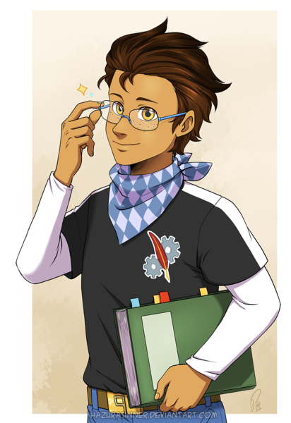 Size: 921x1341 | Tagged: safe, artist:hazurasinner, derpibooru import, oc, oc:copper plume, equestria girls, belt, book, clothes, commission, commissioner:imperfectxiii, freckles, glasses, looking at you, male, neckerchief, pants, shirt, solo