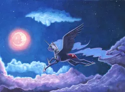 Size: 1400x1037 | Tagged: safe, artist:baron engel, derpibooru import, nightmare moon, alicorn, pony, cloud, colored, female, flying, full moon, hoof shoes, mare, moon, night, profile, sky, solo, spread wings, story included, wings