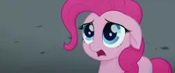 Size: 1920x804 | Tagged: safe, derpibooru import, screencap, pinkie pie, earth pony, pony, my little pony: the movie, about to cry, basalt beach, big eyes, cute, dark background, female, floppy ears, frown, heartbreak, looking up, mare, not cool, offended, ouch, poor pinkie pie, reality, sad, shocked, solo, speechless, surprised, wet, wet mane