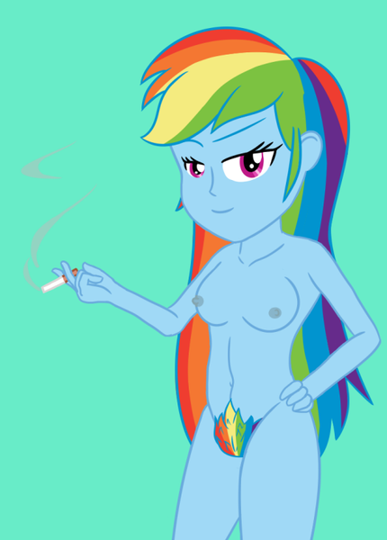 Size: 525x732 | Tagged: questionable, artist:jpgr, deleted from derpibooru, derpibooru import, rainbow dash, equestria girls, breasts, carpet matches the drapes, cigarette, excessive pubic hair, eyelashes, female, nipples, nudity, pubic hair, simple background, smiling, smoke, solo, solo female