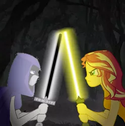 Size: 900x908 | Tagged: safe, artist:thatradhedgehog, derpibooru import, sunset shimmer, equestria girls, darksaber, image, jpeg, lightsaber, mandalorian, raven (teen titans), shimrav, star wars, teen titans, weapon