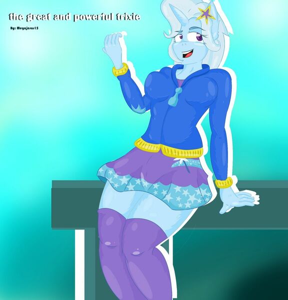 Size: 1024x1067 | Tagged: safe, artist:megajesus15, derpibooru import, trixie, anthro, equestria girls, beautisexy, clothes, equestria girls outfit, hoodie, jacket, miniskirt, ponied up, skirt, socks, thigh highs, thighs, zettai ryouiki