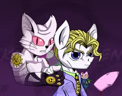 Size: 3800x3000 | Tagged: safe, artist:ktk's sky, derpibooru import, ponified, cat, earth pony, pony, unicorn, bites the dust, furry, hooves, jojo's bizarre adventure, kawajiri kosaku, killer queen, kira yoshikage, male, solo, stand, stray cat, yoshikage kira