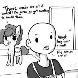 Size: 2250x2250 | Tagged: safe, artist:tjpones, derpibooru import, part of a set, oc, oc:brownie bun, oc:richard, unofficial characters only, earth pony, human, pony, horse wife, bag, bald, dialogue, female, jewelry, male, monochrome, necklace, pearl necklace, saddle bag, simple background, white background