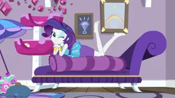 Size: 1920x1080 | Tagged: safe, derpibooru import, edit, edited screencap, editor:grapefruitface, screencap, rarity, camping must-haves, equestria girls, equestria girls series, spoiler:eqg series (season 2), adorasexy, barefoot, blue eyeshadow, body pillow, bronybait, cushion, cute, eyeshadow, feet, laying on stomach, looking at you, makeup, one eye closed, pencil skirt, pillow, raribetes, rarity's bedroom, seductive, seductive pose, sexy, solo, wink, winking at you