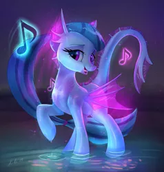 Size: 2903x3052 | Tagged: safe, alternate version, artist:xbi, derpibooru import, sonata dusk, half-siren, hybrid, original species, pony, beach, ear fins, female, fin wings, looking at you, music, music notes, night, ocean, raised hoof, singing, species swap, water, wings