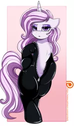 Size: 1671x2825 | Tagged: suggestive, artist:pridark, derpibooru import, fleur-de-lis, semi-anthro, unicorn, bedroom eyes, bipedal, catsuit, chest fluff, clothes, eyeshadow, female, latex, latex suit, looking at you, makeup, mare, miss fleur is trying to seduce us, open clothes, patreon, patreon logo, patreon reward, simple background, solo, solo female, stupid sexy fleur-de-lis, undressing, unzipping, zipper