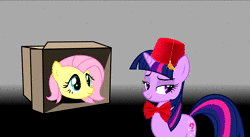 Size: 1280x702 | Tagged: safe, derpibooru import, fifteen.ai, fluttershy, twilight sparkle, pony, unicorn, aivo, animated, avo, bowtie, box, cardboard box, disembodied head, doctor who, eleventh doctor, female, fez, hat, implied lesbian, implied shipping, implied twistarlight, mare, simple background, sound, text to speech, the doctor, webm