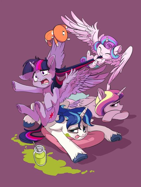 Size: 2800x3700 | Tagged: safe, artist:drtuo4, derpibooru import, princess cadance, princess flurry heart, shining armor, twilight sparkle, twilight sparkle (alicorn), alicorn, pony, unicorn, baby food, babysitting, biting, blushing, chest fluff, eyes closed, female, filly, hair bite, hair pulling, high res, male, mare, mashed peas, open mouth, plushie, purple background, simple background, stallion, teary eyes, teddy bear, tired, tongue out