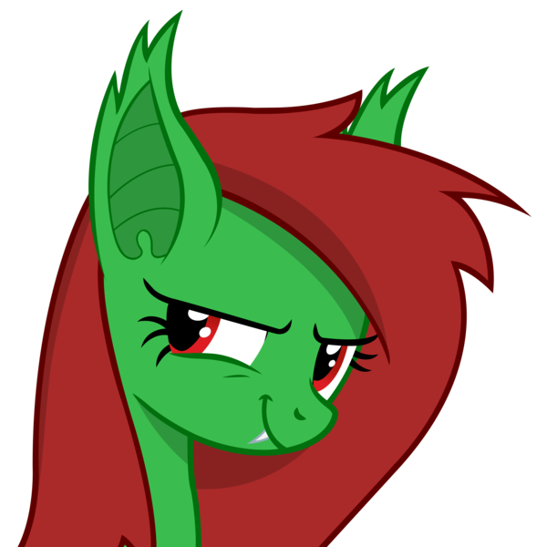 Size: 6069x6069 | Tagged: absurd resolution, artist:chrisfhey, derpibooru import, fangs, green coat, oc, oc:watermelon frenzy, red eyes, red mane, safe, simple background, smiling, smirk, solo, transparent background, unofficial characters only, vampire bat pony, vector