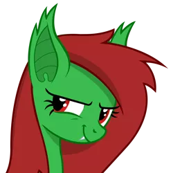 Size: 6069x6069 | Tagged: absurd resolution, artist:chrisfhey, derpibooru import, fangs, green coat, oc, oc:watermelon frenzy, red eyes, red mane, safe, simple background, smiling, smirk, solo, transparent background, unofficial characters only, vampire bat pony, vector