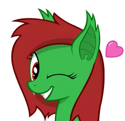 Size: 6000x5820 | Tagged: artist:chrisfhey, derpibooru import, fangs, green coat, heart, looking at you, oc, oc:watermelon frenzy, one eye closed, red eyes, red mane, safe, simple background, smiling, transparent background, unofficial characters only, vampire bat pony, vector, wink