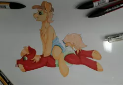 Size: 3383x2345 | Tagged: safe, artist:wittleskaj, derpibooru import, big macintosh, braeburn, earth pony, abdl, adult foal, braeby, cousins, diaper, diaper fetish, fetish, male, playful, promarker, stallion, traditional art