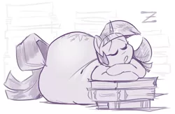 Size: 1826x1189 | Tagged: source needed, safe, artist:secretgoombaman12345, derpibooru import, twilight sparkle, pony, unicorn, book, butt, chubby, drool, eyes closed, fat, grayscale, monochrome, open mouth, simple background, sleeping, snoring, twibutt, twilard sparkle, unicorn twilight, wide hips