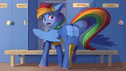 Size: 1920x1080 | Tagged: suggestive, artist:discordthege, derpibooru import, rainbow dash, pegasus, pony, blushing, butt, butt flap, clothes, dock, featureless crotch, female, locker room, mare, plot, rainbutt dash, raised tail, sexy, solo, solo female, stupid sexy rainbow dash, surprised, tail, uniform, wardrobe malfunction, wonderbolts, wonderbolts uniform