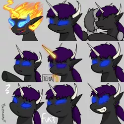 Size: 768x768 | Tagged: artist:skydreams, coffee mug, commission, confused, derpibooru import, emoji, emotes, excited, fire, hmph, horn, horns, hug, mug, oc, oc:ryonez coruscare, ponytail, rage, safe, unofficial characters only