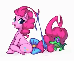 Size: 2176x1806 | Tagged: safe, artist:luciferamon, derpibooru import, gummy, pinkie pie, alligator, earth pony, pony, bow, cute, diapinkes, ear fluff, female, mare, pi, pi day, ribbon, simple background, sitting, tail bow, white background