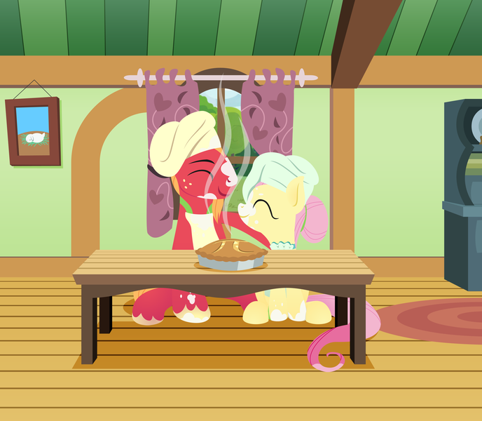 Size: 2200x1920 | Tagged: safe, anonymous artist, derpibooru import, big macintosh, fluttershy, series:fm holidays, alternate hairstyle, apple, apple pie, apron, chef's hat, clothes, eyes closed, female, flour, fluttermac, fluttershy's cottage, food, hair bun, hat, hoof on shoulder, kitchen, lineless, looking at each other, male, messy, pi, pi day, pie, shipping, straight