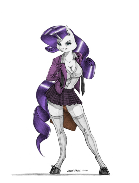 Size: 1055x1382 | Tagged: safe, artist:baron engel, color edit, derpibooru import, edit, rarity, anthro, unguligrade anthro, unicorn, breasts, cleavage, clothes, colored, colored hooves, female, mare, miniskirt, pencil drawing, plaid, plaid skirt, pleated skirt, school uniform, shoes, simple background, skirt, socks, solo, stockings, thigh highs, traditional art, transparent background, zettai ryouiki