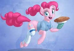 Size: 1016x697 | Tagged: safe, artist:brianblackberry, derpibooru import, pinkie pie, earth pony, pony, alternate hairstyle, bottomless, clothes, cute, diapinkes, female, food, happy, mare, open mouth, oven mitt, partial nudity, pi day, pie, ponytail, shirt, socks, solo, t-shirt