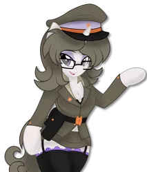 Size: 2851x3347 | Tagged: suggestive, artist:digiqrow, deleted from derpibooru, derpibooru import, oc, oc:solaria, unofficial characters only, semi-anthro, unicorn, clothes, female, garters, glasses, gun, hat, holster, military uniform, miniskirt, panties, peaked cap, sexy, simple background, skirt, skirt lift, socks, solo, solo female, stockings, thigh highs, transparent background, underwear, weapon