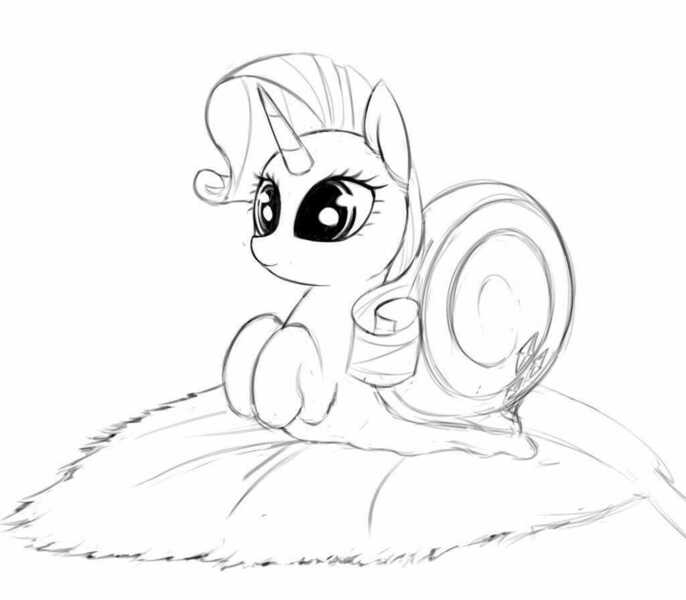 Size: 1024x895 | Tagged: artist needed, source needed, safe, derpibooru import, rarity, original species, snail, snail pony, unicorn, cute, female, leaf, monochrome, raribetes, rarisnail, solo