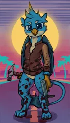 Size: 1165x2027 | Tagged: semi-grimdark, artist:marsminer, derpibooru import, gallus, anthro, gryphon, bipedal, blood, clothes, commission, gun, hammer, hotline miami, jacket, solo, weapon