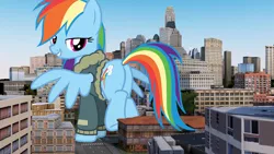 Size: 1456x819 | Tagged: safe, derpibooru import, rainbow dash, pony, bomber jacket, building, butt, city, clothes, female, giant pony, giant rainbow dash, giantess, highrise ponies, jacket, looking back, macro, mare, mega/giant rainbow dash, plot, raised hoof