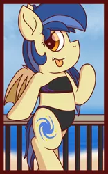 Size: 1200x1920 | Tagged: safe, alternate version, artist:thebadbadger, derpibooru import, oc, oc:vía láctea, bat pony, beach, bikini, bipedal, clothes, swimsuit