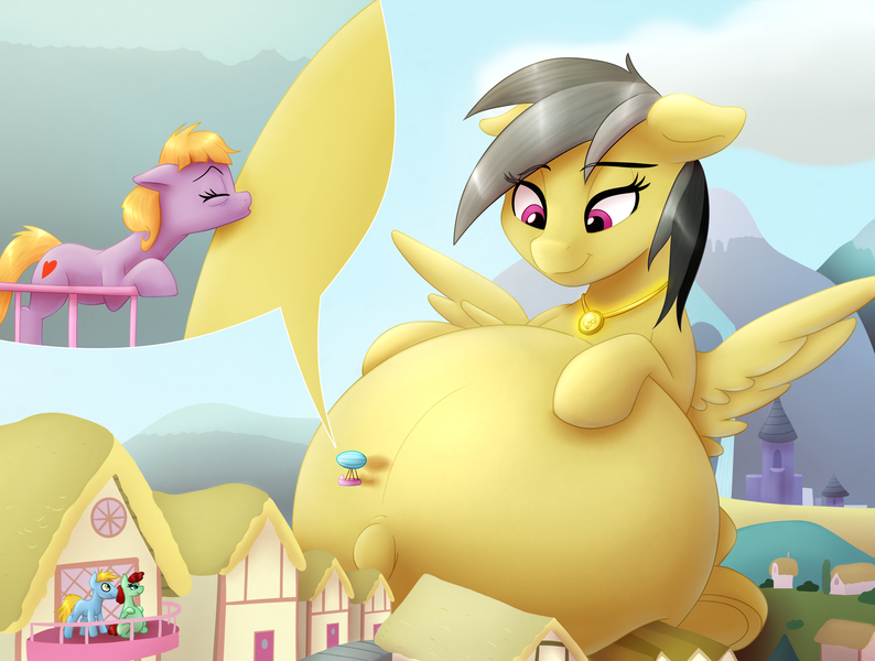 Size: 4986x3769 | Tagged: safe, artist:09hankris, artist:tsitra360, derpibooru import, daring do, oc, earth pony, pegasus, pony, fanfic:daring do and the amulet of graveeda, airship, belly, big belly, fanfic art, female, giant pony, giantess, house, huge belly, hyper, hyper belly, hyper pregnancy, image, impossibly large belly, macro, male, mare, mountain, permapregnant, png, pregnant, stallion, zeppelin