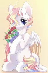 Size: 1792x2732 | Tagged: safe, artist:alphadesu, derpibooru import, oc, oc:rainbow dreams, unofficial characters only, pegasus, pony, bouquet, commission, cute, ear fluff, female, flower, hair over one eye, hoof hold, horn, leonine tail, mare, simple background, sitting, smiling, two toned wings, wings, ych result, yellow background