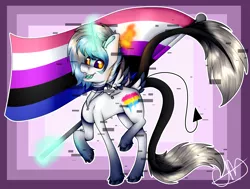 Size: 4845x3670 | Tagged: safe, artist:chazmazda, derpibooru import, oc, oc:atlas, demon, demon pony, original species, pony, butt feathers, cartoon, commission, commissions open, demon tail, digital art, error, feather, fire, flag, flower necklace, glitch, gradient hooves, highlights, hooves, horn, horns, jewelry, magic, markings, my little pony, necklace, non-binary pride flag, nonbinary, obsidian, pansexual, pride, pride flag, shade, shading, simple background, solo, three eyes, three tails