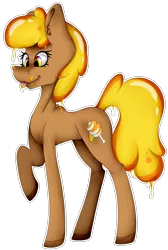 Size: 2305x3430 | Tagged: safe, artist:chazmazda, derpibooru import, oc, pony, :p, cartoon, colored, commission, commissions open, digital art, drip, dripping, flat colors, food, fullbody, honey, my little pony, outline, raffle, raffle prize, raffle winner, shade, shading, solo, tongue out