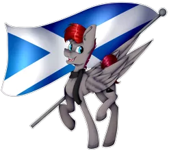 Size: 4055x3565 | Tagged: safe, artist:chazmazda, derpibooru import, oc, unofficial characters only, pegasus, pony, clothes, commission, commissions open, cutie mark, digital art, flag, fullbody, happy, highlights, scarf, scotland, shade, shading, simple background, solo, teeth, transparent background, wings, your character here