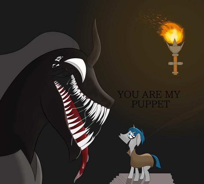 Size: 5000x4500 | Tagged: semi-grimdark, artist:tazool, derpibooru import, pony of shadows, stygian, dialogue, drool, duo, evil, frightened, long tongue, possessed, possession, salivating, scared, simple background, smiling, stairs, teeth, tendrils, text, tongue out, torch, underground