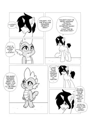 Size: 3679x5154 | Tagged: safe, artist:darkstorm mlp, derpibooru import, spike, oc, oc:wishing star, dragon, unicorn, comic:friendship reborn, alternate universe, dialogue, monochrome