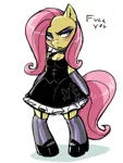 Size: 1200x1600 | Tagged: anthro, artist:noupie, breasts, cleavage, clothes, derpibooru import, digital art, eyeshadow, female, fluttershy, goth, makeup, mare, pegasus, rude, safe, semi-anthro, solo, unguligrade anthro, vulgar