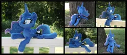 Size: 4020x1754 | Tagged: safe, artist:peruserofpieces, derpibooru import, princess luna, alicorn, pony, beanie (plushie), female, horn, irl, looking at you, mare, photo, plushie, prone, solo, tree, wings